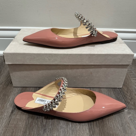 Jimmy Choo Bing Embellished Strap Point Toe Blush Patent Leather Pump Flats - Picture 2 of 16